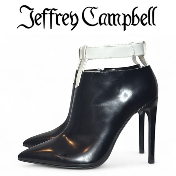 JEFFREY CAMPBELL THE DEKA BLACK AND WHITE PATENT LEATHER STILETTO ANKLE BOOTS - Picture 1 of 15